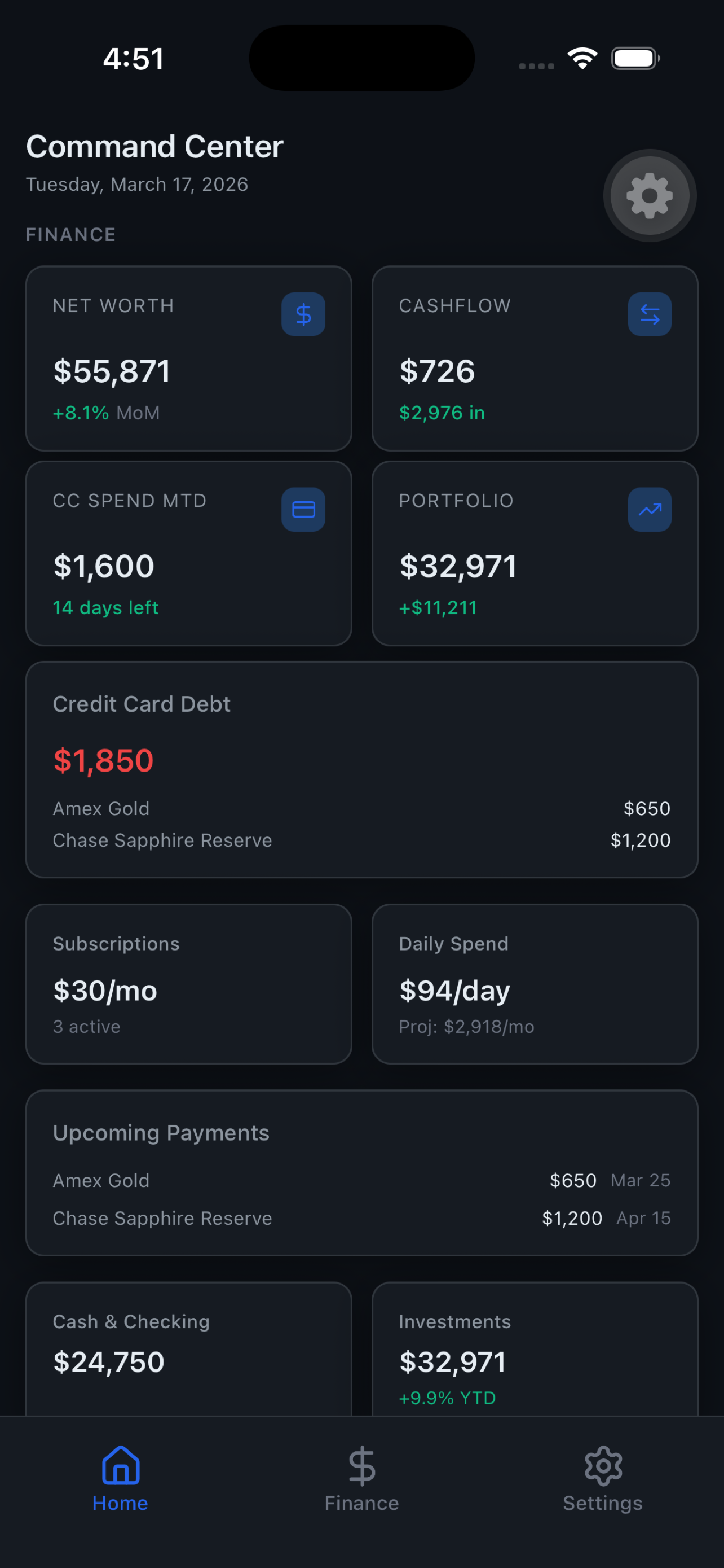 Meridian Command Center — your full financial picture at a glance