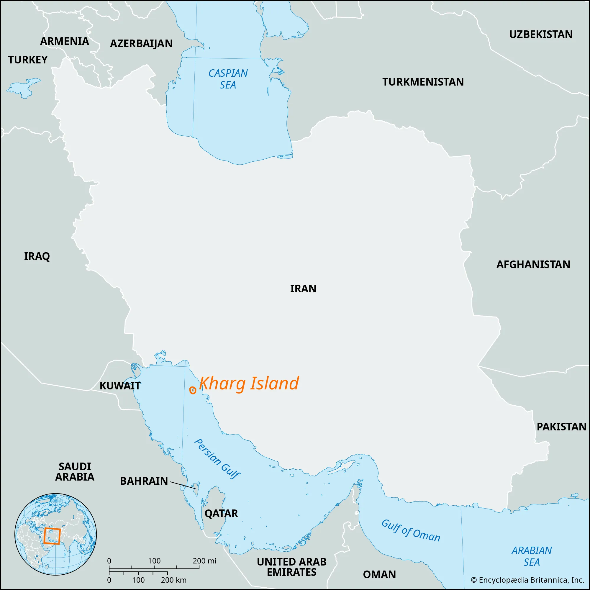 Map of Iran and the Persian Gulf showing Kharg Island